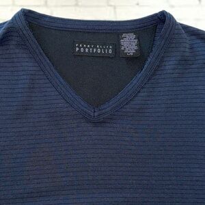 Perry Ellis Portfolio Navy Blue Micro-Stripe V-Neck Shirt Size Large
